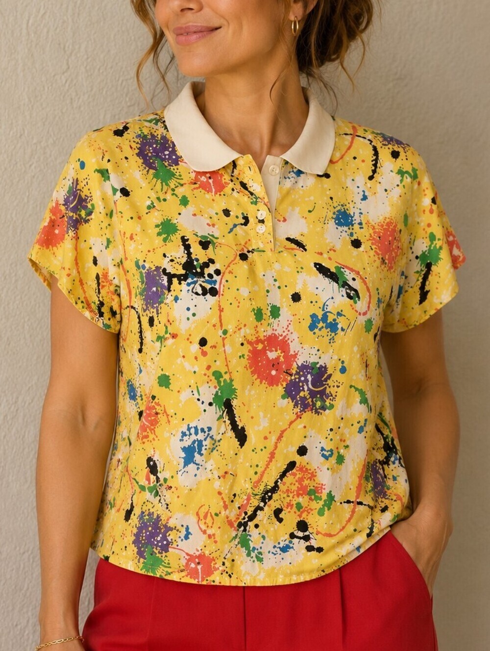 Vtg 1980s Canary Yellow Colorful Paint Splatter Short Sleeve Festival Shirt